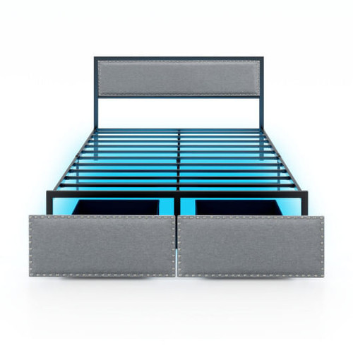 Full/Queen/Twin Size Bed Frame with LED Lights Drawer and Metal Slats-Queen Size - Color: Gray - Si D681-HU10701GR-Q