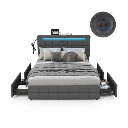 Upholstered LED Bed Frame with Headboard and 4 Drawers-Full Size - Color: Gray - Size: Full Size D681-HU10556GR-F