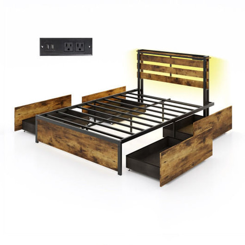 Full/Queen/Twin Size Bed Frame with Drawers LED Lights and USB Ports-Full Size - Color: Rustic Brow D681-HU10699CF-F