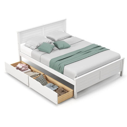 Full Size Bed Frame with Storage Drawers and Solid Wood Headboard-White - Color: White - Size: Full D681-HU10561WH-F