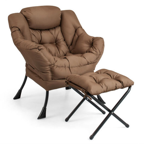 Modern Accent Sofa Chair with Folding Footrest and Side Pocket-Brown - Color: Brown D681-NP10119CF