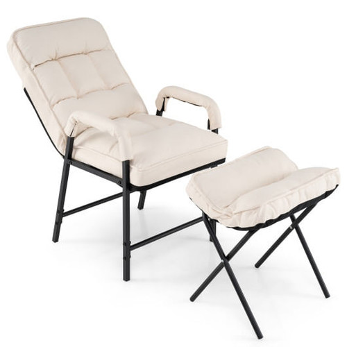 Linen Fabric Modern Accent Chair with Ottoman and Adjustable Backrest-Beige - Color: Beige D681-HV10349BE