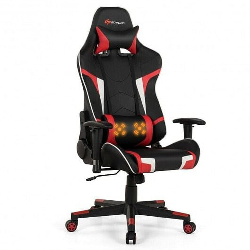 Reclining Swivel Massage Gaming Chair with Lumbar Support-Red - Color: Red D681-HW66185RE