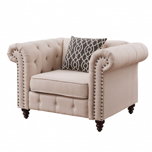 45" Beige Linen And Black Tufted Chesterfield Chair N270-491122