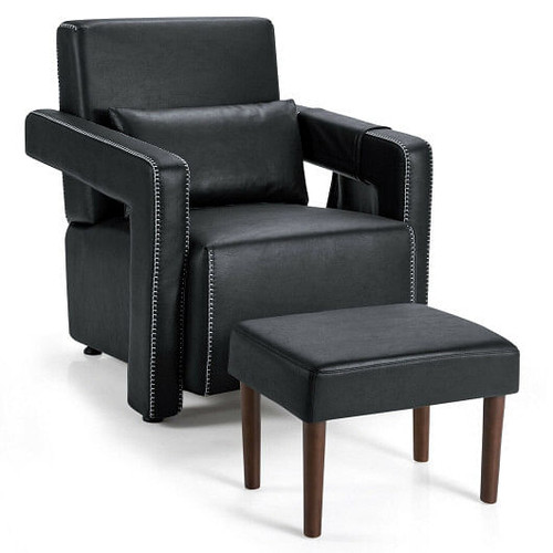 Modern Berber Fleece Single Sofa Chair with Ottoman and Waist Pillow-Black - Color: Black D681-HV10107DK
