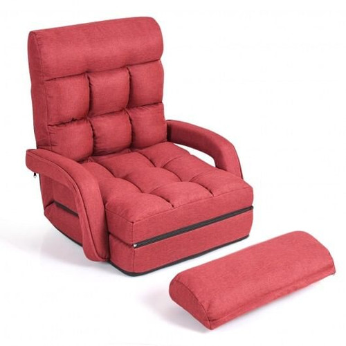 Folding Lazy Floor Chair Sofa with Armrests and Pillow-Red - Color: Red D681-HW56730RE