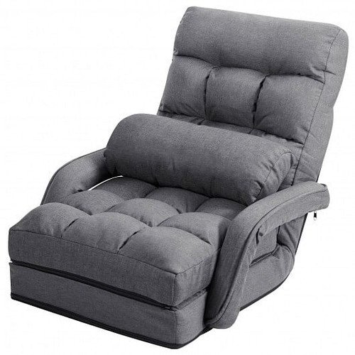 Folding Lazy Floor Chair Sofa with Armrests and Pillow-Gray - Color: Gray D681-HW56730HS