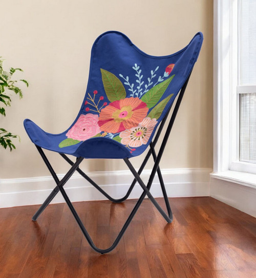 26" Blue And Black Tropical Oversized Flowers Butterfly Chair N270-556462