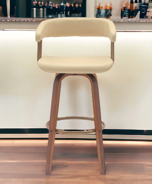 31" Cream And Wood Brown Faux Leather Swivel Bar Height Bar Chair N270-534469