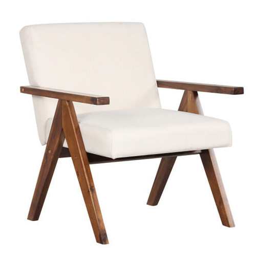 Modern Accent Chair Linen Fabric Armchair with Solid Acacia Wood Frame-Beige - Color: Beige D681-JV11516BE