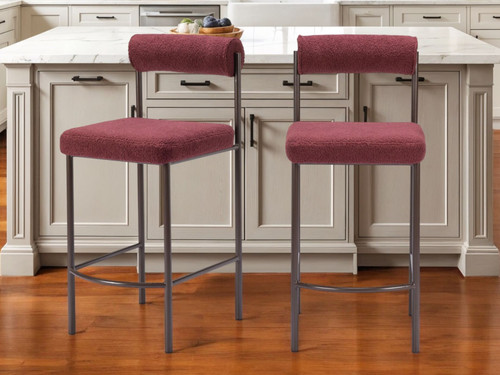 Set of Two 26" Red and Bronze Shearling and Steel Low Back Counter Height Bar Chairs N270-555696