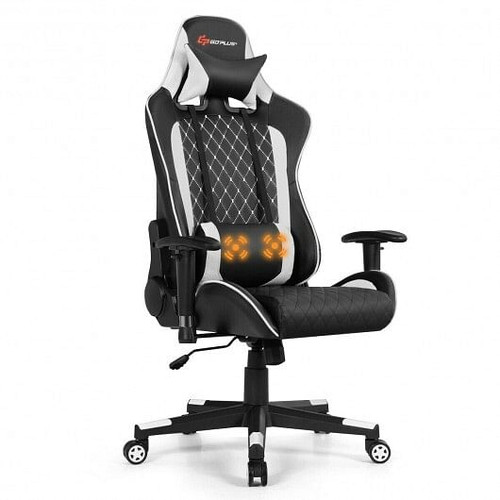 Massage Gaming Chair with Lumbar Support and Headrest-White - Color: White D681-HW66290WH