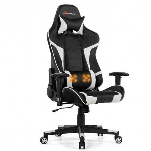 Reclining Swivel Massage Gaming Chair with Lumbar Support-White - Color: White D681-HW66185WH
