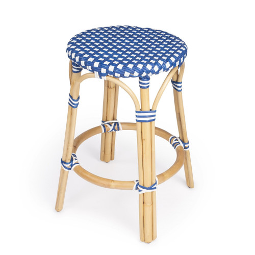 24" Blue and White and Wood Brown Heavy Duty Rattan Backless Counter Height Bar Chair N270-389098
