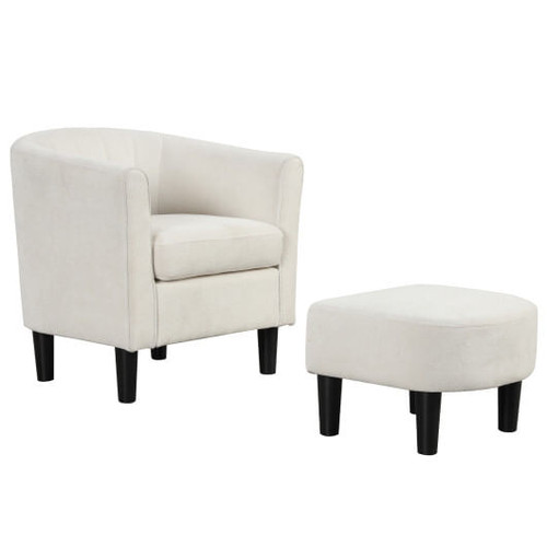Upholstered Teddy Velvet Club Barrel Chair with Ottoman with Footrest-Beige - Color: Beige D681-HV10669BE