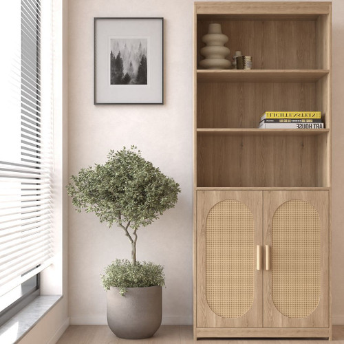 Bookshelf 5 Tier Book Shelf Rattan Tall Bookcase with Doors Storage Wood Shelves Large Bookshelves  T575-S0671267516 Bookshelf 5 Tier Book Shelf Rattan Tall Bookcase with Doors Storage Wood Shelves Large Bookshelves  T575-S0671267516