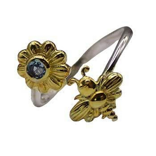 size 8 Bee and Flower Blue Topaz ring H558-KR028