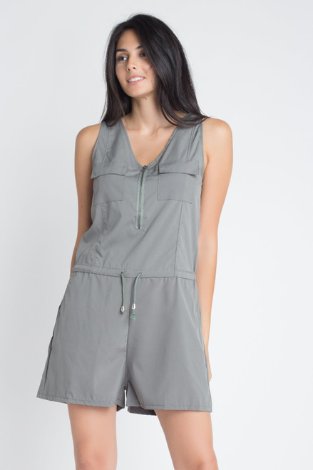 Women's Zip Front Sleeveless Romper T396-EA834516-OLV-SM