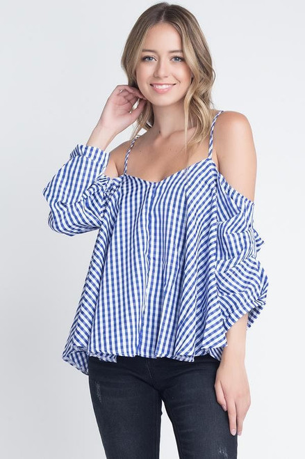 Women's Cold Shoulder Checkered Top T396-CFG031517-BLU-S