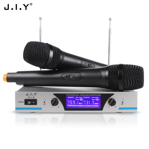 V3 Dual Channels Wireless Microphone Mic System Hi-Fi Sound Wireless Mic System for KTV Silver_EU p K484-PEL_051SSCPN
