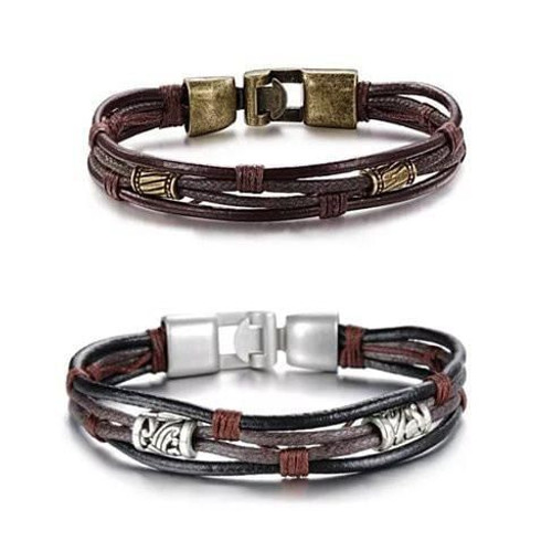Color: Silver Tone - Gemini Twin Bracelets in Genuine Leather and Antique Metal Finish K290-16691403269