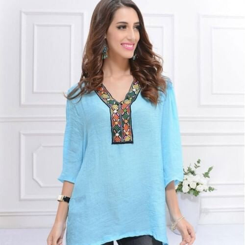 Embroidery V-neck Three-quarter Sleeves Casual Folk Style Women Top - Sky Blue A392-fast0011