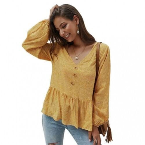 Small Flowers Pattern V-neck Long Sleeves Women Blouse - Yellow A392-fast0102