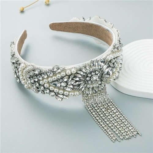 Fine Craftsmanship French Style Pearl Fringe Luxurious Bejeweled Women Headband - White A392-fhbh1141