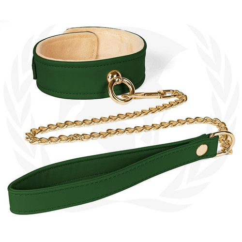 Plush Lined Green PU  Collar Chain Leash A451-82078