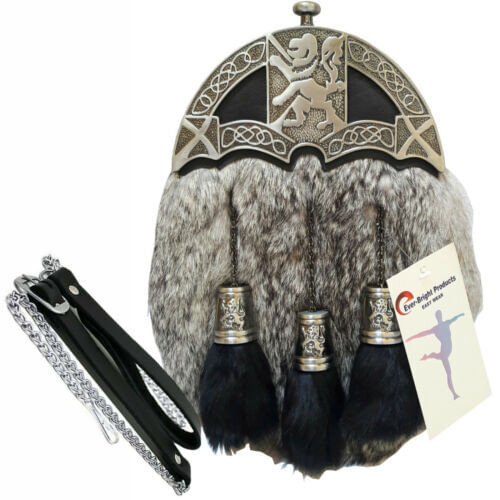 Men's Scottish Kilt Dress Sporran Rampant Lion Cantle & Tassels Caps (free belt) A657-26