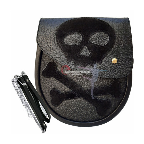 Scottish Kilt Semi Dress Sporran Genuine 100% Real Leather Black SKULL Sporran A657-43