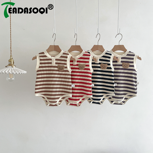 Summer Newborn Sleeveless Knit Bodysuits Striped Jumpsuits Cotton Cartoon Bear Baby Girls Boys Romp F640-3256806197542685