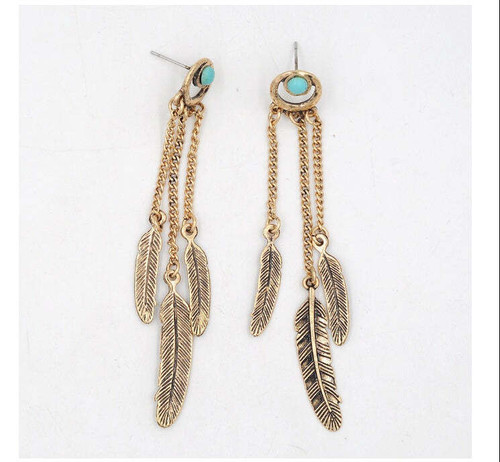 Color: VINTAGE GOLD - Dreamer Turquoise Earrings With Golden And Silver Tone Feathers K290-50820829118737