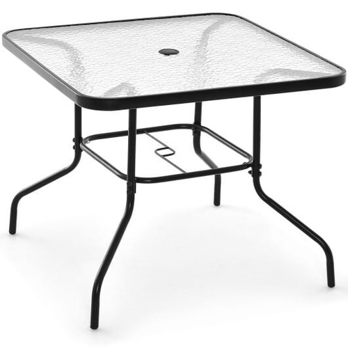 34 Inch Outdoor Dining Table Square Tempered Glass Table with 1.5 Inch Umbrella Hole-Black B593-NP11214-22