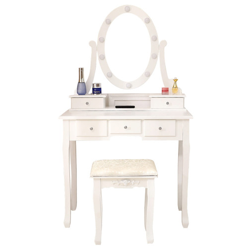 US 5-drawer Dressing  Table With Single Mirror With Light Bulb Household Accessories White K484-PHO_0TU3PASO_US