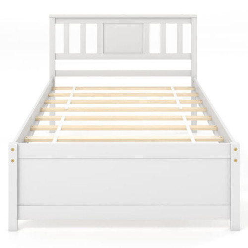 Wooden Platform Bed with Headboard and Wood Slat Support White-Twin Size - Color: White - Size: Twi D681-HU10842BS-T