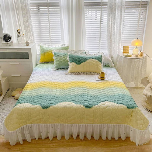 Pattern: Yellow Green, Size Specification: 240x245cm Sheet Bed Cover - Cotton Lace Embroidery Quilt Q119-CJYD199480320TG