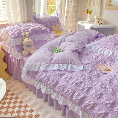 Color: Purple, Size: 1.8M Bed Sheet - Solid Color Four-piece Quilt Cover Bed Skirt Bedding Set Q119-CJCS153282622VE