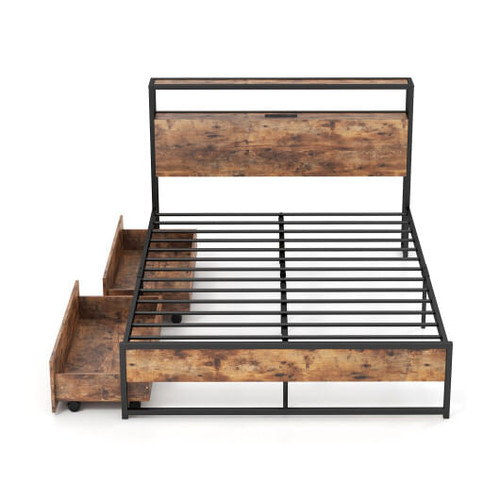 Full/Queen Bed Frame with 2-Tier Storage Headboard and Charging Station-Full Size - Color: Rustic B D681-HU10475-F