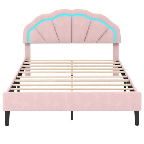 Upholstered LED Bed Frame with Adjustable Flower Headboard and Metal Support Feet Pink-Queen Size - D681-HU10863PI-Q
