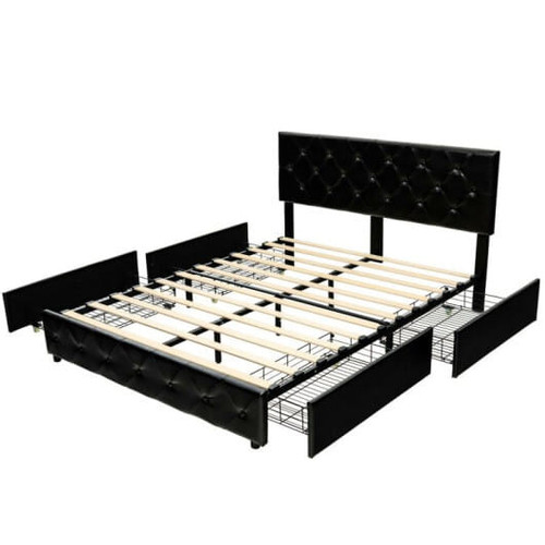 Full/Queen PU Leather Upholstered Platform Bed with 4 Drawers-Full Size - Color: Black - Size: Full D681-HU10176DK-F