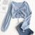Color: Blue, Size: S - Solid Color Top Lantern Sleeve V-neck T-shirt with Tie on Chest Q119-CJNSSYMY00018-Blue-S