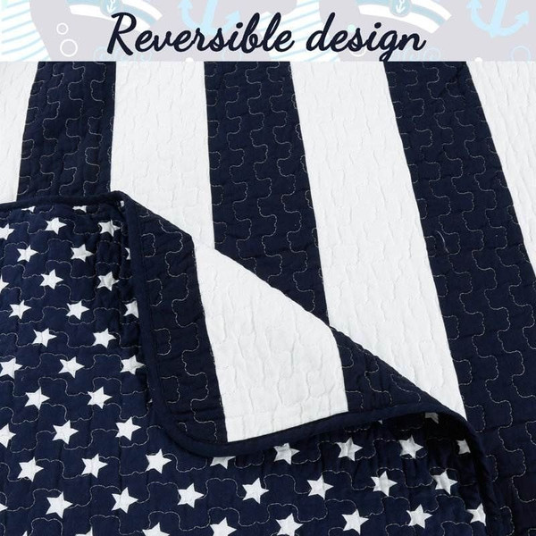 King 3 Piece Reversible Navy White Stars Stripes 100-Percent Cotton Quilt Set Q280-KIMF1488