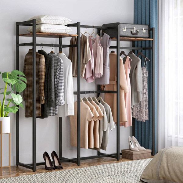 Black Metal Garment Rack with 4 Clothes Hanging Rods and 2 Wood Storage Shelves Q280-FSRBGCR1759246
