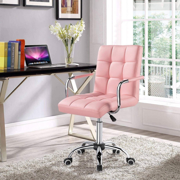Pink Modern Faux Leather Mid-Back Swivel Office Chair with Armrests and Wheels Q280-YDCHWP869919624