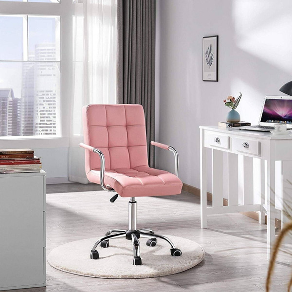 Pink Modern Faux Leather Mid-Back Swivel Office Chair with Armrests and Wheels Q280-YDCHWP869919624