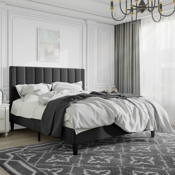Full size Black Velvet Upholstered Platform Bed Frame with Headboard Q280-FBLAV18591752