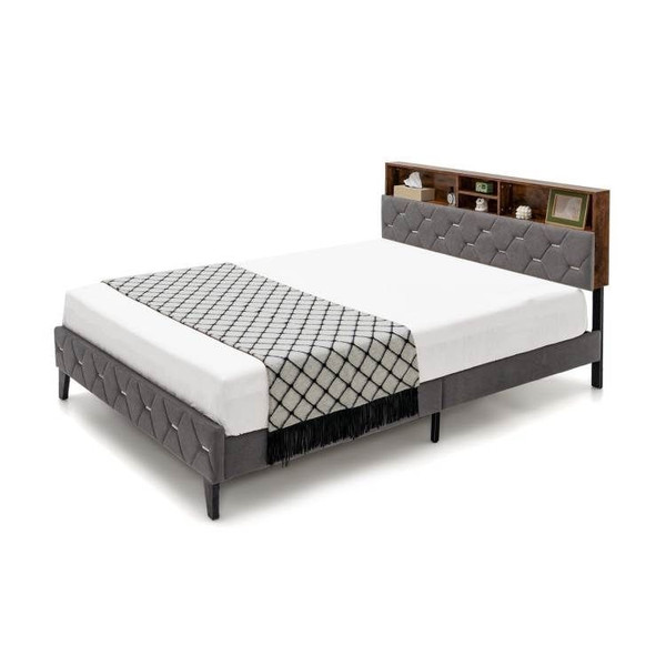 Queen Size Velvet Upholstered Open/Close Storage Headboard Platform Bed Q280-QWYT6735