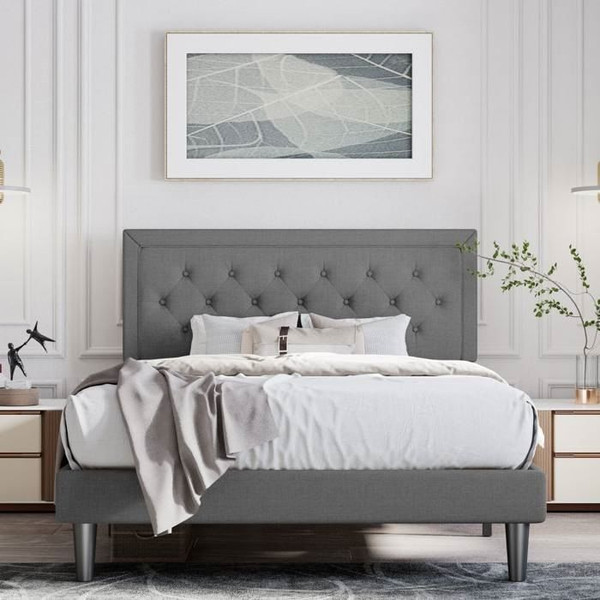 Queen Dark Grey Linen Upholstered Platform Bed with Button-Tufted Headboard Q280-QUDG2199