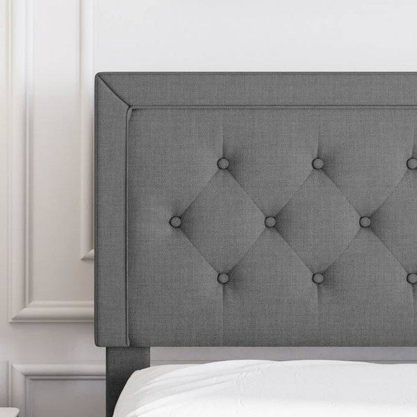 Queen Dark Grey Linen Upholstered Platform Bed with Button-Tufted Headboard Q280-QUDG2199